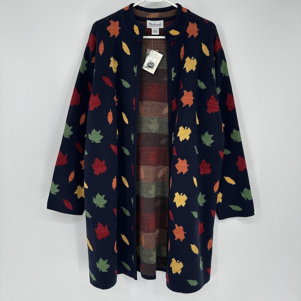 Vintage Westbound Cardigan Sweater Womens Large Long Navy Fall Leaf Knit 90s